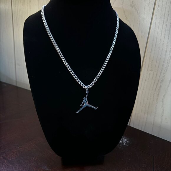Silver Jordan Jumpman Pendant Necklace - MJ - Silver Plated - 22" Cuban Chain - Picture 2 of 2